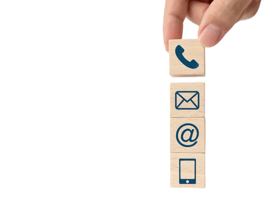 Wooden blocks with phone, email, and mobile contact icons