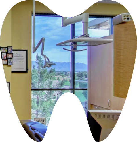 Dental treatment room with scenic mountain view
