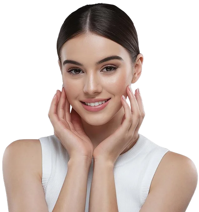 Woman smiling with hands on face